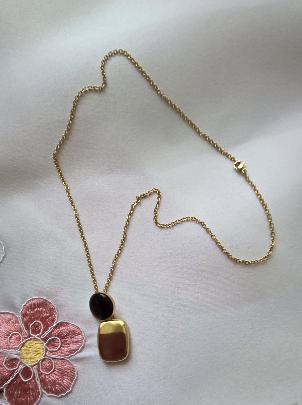 Gold Plated Gold-Tone Pendant Necklace with Black and Gold Stone Accents